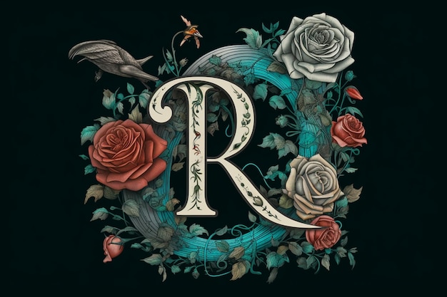 Tattoostyle logo using letter R roses filigree teal and silver