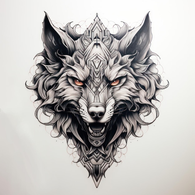  ⁇ 색 배경 야생동물 예술에 대한 TattooStyle Wolf 일러스트레이션