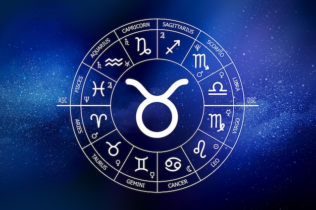 Taurus zodiac sign Abstract night sky background Taurus icon on blue space background