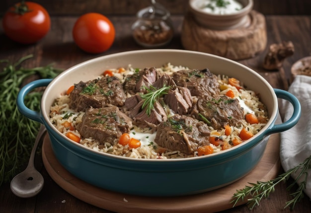 Photo tave elbasani a casserole dish made with lamb rice and yogurt