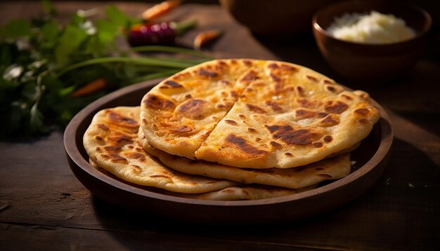 Tawa Roti op een bord met een houten achtergrond