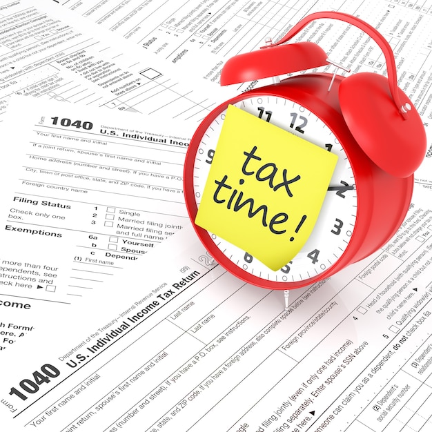 Tax Form and Red Alarm Clock. 3D Rendering