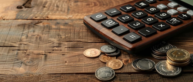 Foto calcolatore di tempo fiscale essenziale monete e spazio per la copia di blocchi fiscali in legno