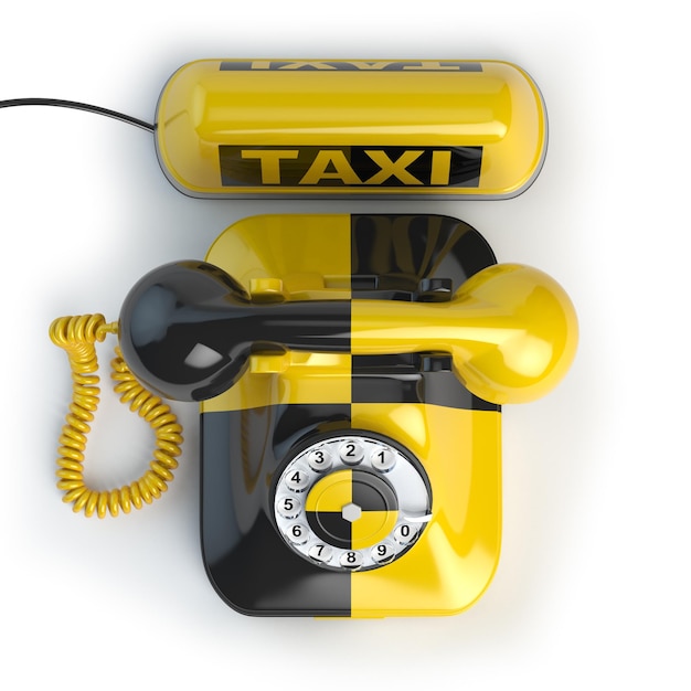 Taxi auto teken en gele telefoon op witte geïsoleerde achtergrond Taxi telefoon concept 3d