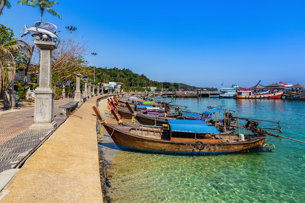 Taxi boats waiting for tourist on Ao Ton Sai at Phi Phi Island