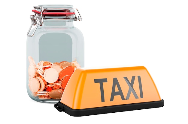 Taxi car signboard with glass jar full of golden coins 3D rendering