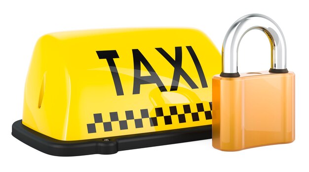 Taxi car signboard with padlock 3D rendering isolated on white background