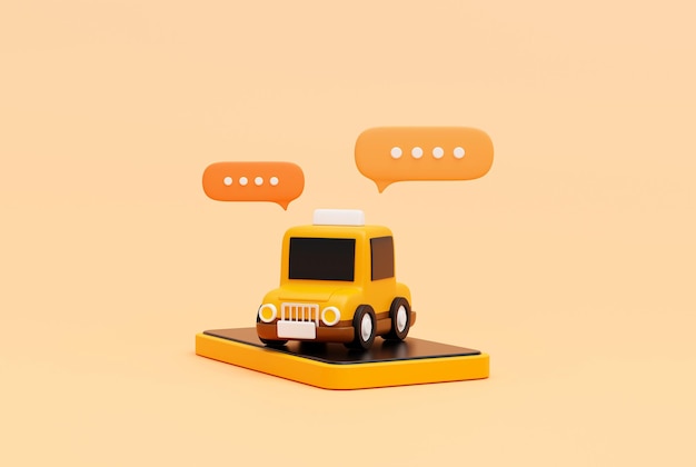 オンライン輸送サービス コンセプト web バナー漫画アイコンまたはシンボル背景 3 D イラストのバブル チャット メッセージとスマート フォンのタクシー車