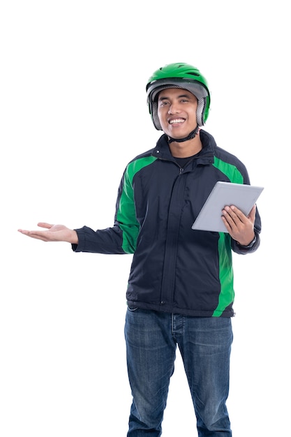 Taxi driver with helmet presenting blank space over white background