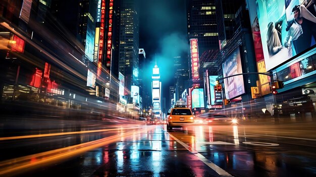 A taxi drives down a street in the rain