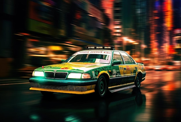 a taxi driving in a city with lights in the style of japanese abstraction