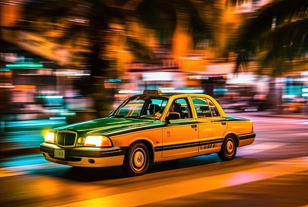 такси едет по оживленной улице в стиле японской абстракции