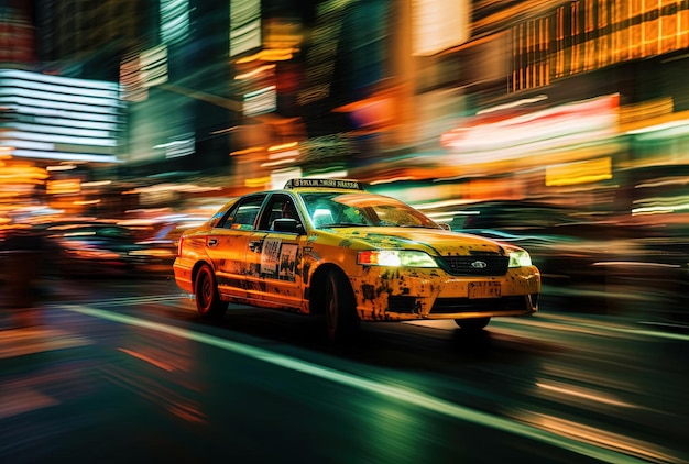 a taxi driving down a busy street in the style of japanese abstraction