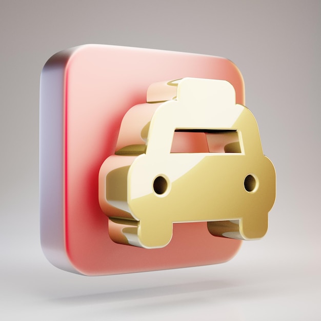 Taxi icon. Golden Taxi symbol on red matte gold plate. 3D rendered Social Media Icon.