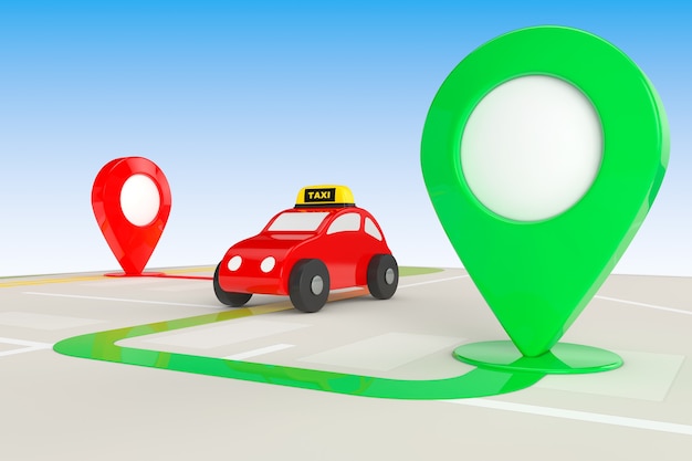 Taxi Order Concept. Toy Taxi from above of Abstract Navigation Map with Target Pins
