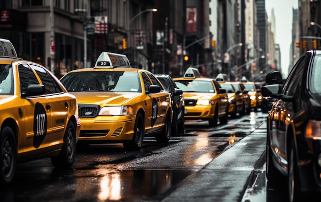 Photo taxi queue busy street scene in the metropolis generative ai