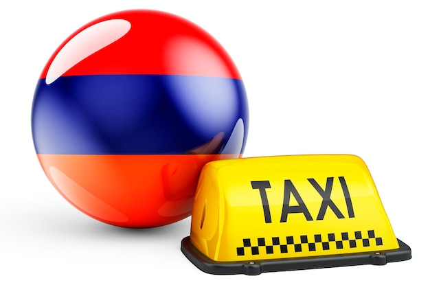 Taxi service in Armenia concept Yellow taxi car signboard with Armenian flag 3D rendering