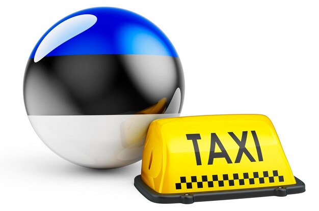 Taxi service in Estonia concept Yellow taxi car signboard with Estonian flag 3D rendering isolated on white background