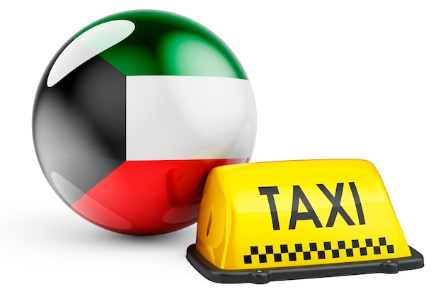 Photo taxi service in kuwait concept yellow taxi car signboard with kuwaiti flag 3d rendering