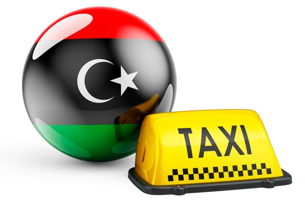 Photo taxi service in libya concept yellow taxi car signboard with libyan flag 3d rendering
