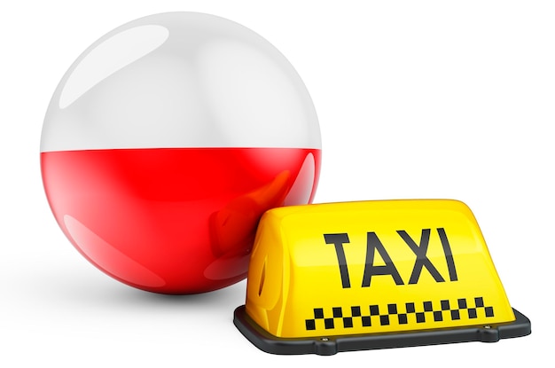 Taxi service in Poland concept Yellow taxi car signboard with Polish flag 3D rendering