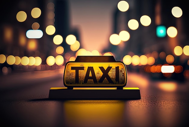 Знак такси на фоне размытого ночного городского пейзажа