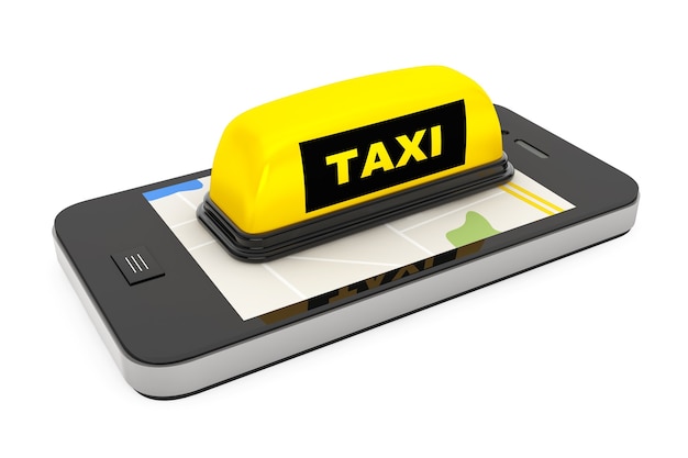 Taxibord met mobiele telefoon en kaart op een witte achtergrond