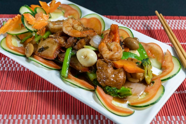 Taypa, Peruvian Chinese food, pork, prawns and vegetables