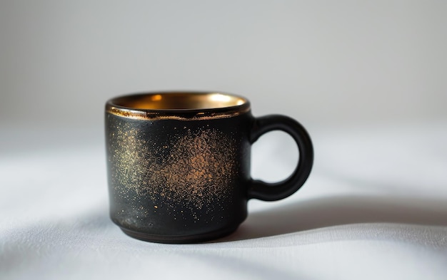 Photo taza de espresso de ceramica negra con detalle en lamina dorada