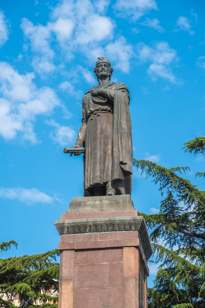 Tbilsi, Georgia - 30.08.2018: Statue of 12th century Georgian poet Shota Rustaveli, Rustaveli Avenue.