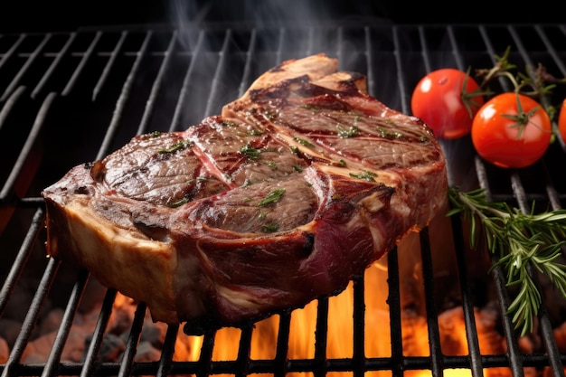 Tbone steak on a charcoal grill with smoke