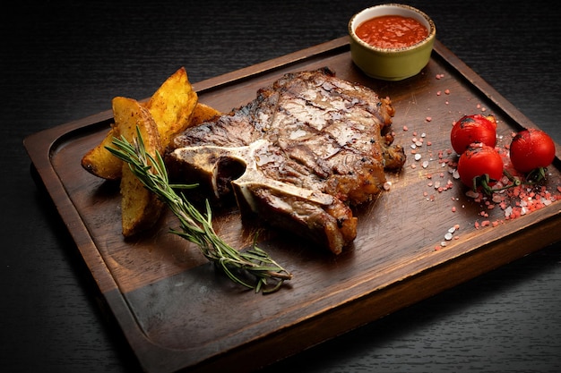 TBone steak met saus kruiden tomaten en aardappelen op een houten plank