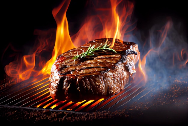 TBone steak or Porterhouse on grill with blazing fire flame Food and cuisine concept Generative AI