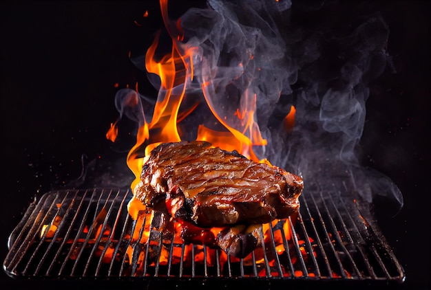 Photo tbone steak or porterhouse on grill with blazing fire flame food and cuisine concept generative ai