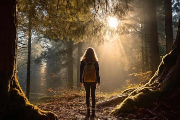 Te midden van de bomen geniet een vrouw van de sereniteit van de wildernis.