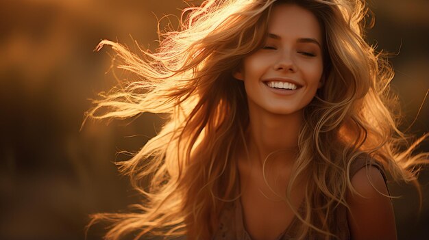 Foto te midden van een achtergrond van zonnige tinten straalt een jong vrouwelijk model optimisme uit haar lange blonde haar.
