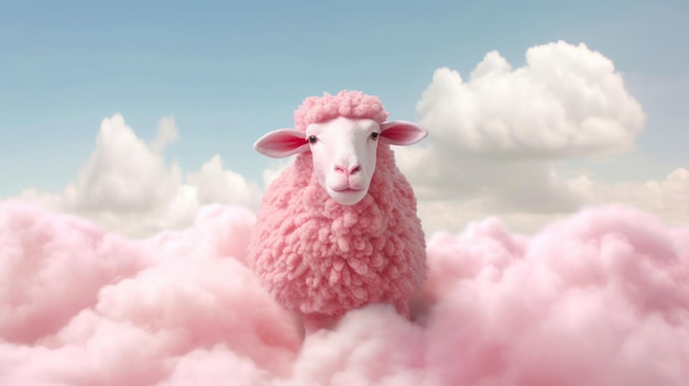 Te midden van etherische wolken dwalen roze schapen vredig rond en nodigen ons uit in een droomachtig en fantastisch rijk dat door AI is gegenereerd