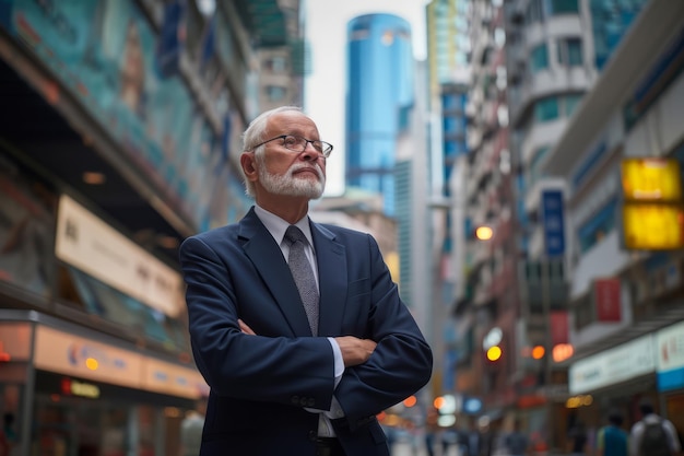 Te midden van het bruisende stadsbeeld staat de volwassen oudere zakenman hoog in zijn pak zijn ogen