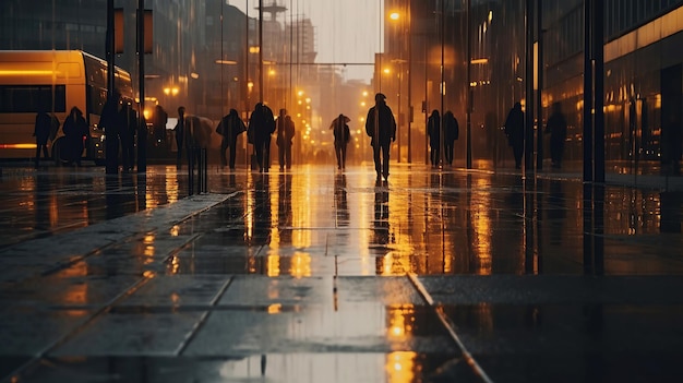 Te midden van regenachtig weer vervagen de silhouetten terwijl ze over de straat navigeren.