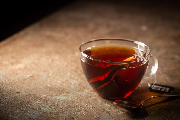 Tea bag in a glass cup