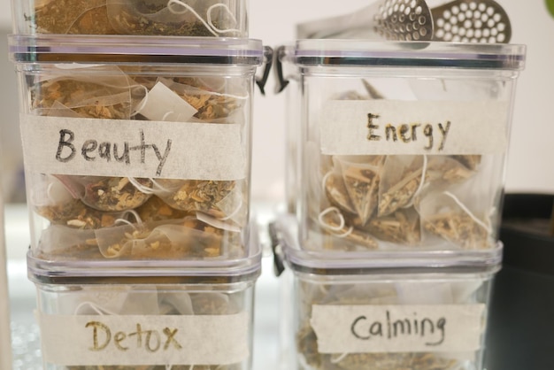 Tea bags in a transparent containers