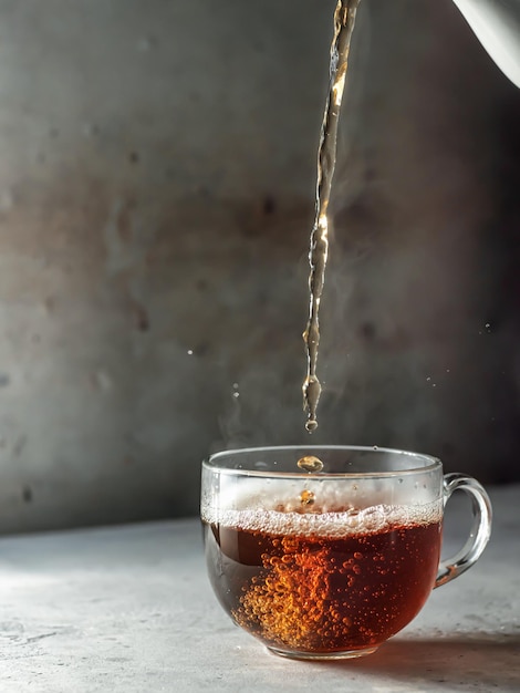 Tea being poured into glass tea cup with steam