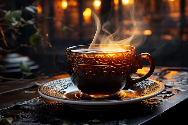 茶の葉を沸騰させたり注入したりすることで得られるお茶の飲み物はこの飲み物を造するのに使用される茶の茂みの乾いた葉です レモンシナモン 茶のスプーン 茶のカップ 造AI