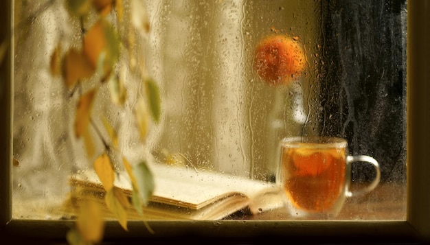 窓の外のお茶の本秋秋の雨の窓を背景に木製の窓辺に開いた本を持つ香りのよいお茶のカップ