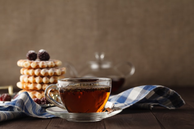 Tea for breakfast on metal tray