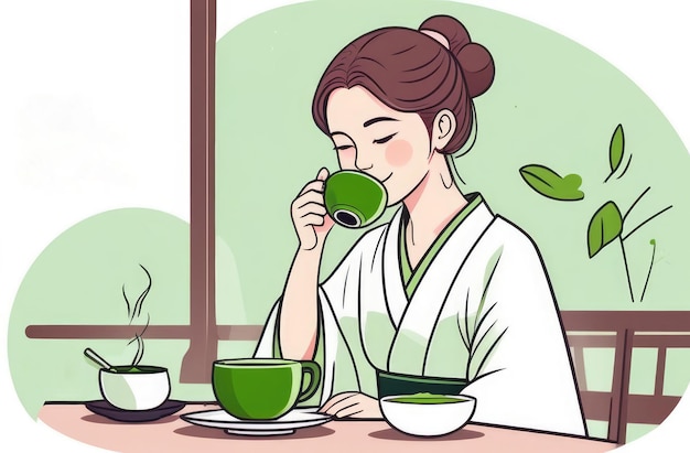 tea ceremony flat illustration smiling cute Asian girl holding cup of traditional Japanese matcha