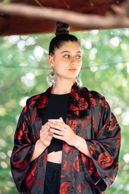 Tea ceremony is performed by tea master in kimono