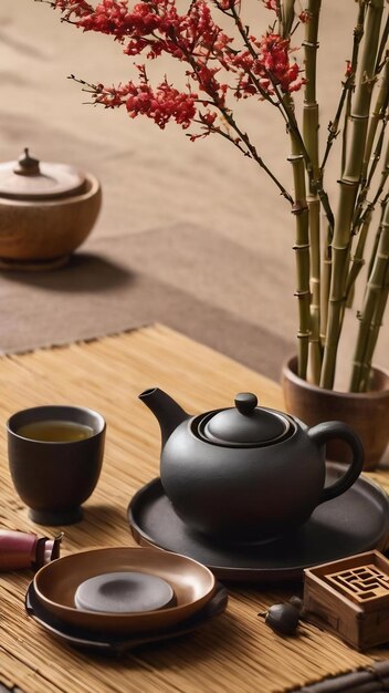 Tea ceremony supplies on bamboo napkin