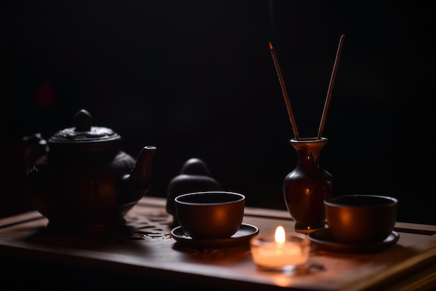Tea ceremony with candles in the evening