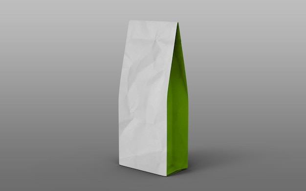 茶或咖啡紙包裝袋,側面有綠色,隔離在白色背景上 3D 渲染